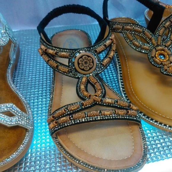1 Left! Italina BOHO Beaded Open Toe Slingback Low Wedge Padded Slide In Sandal - Picture 3 of 5